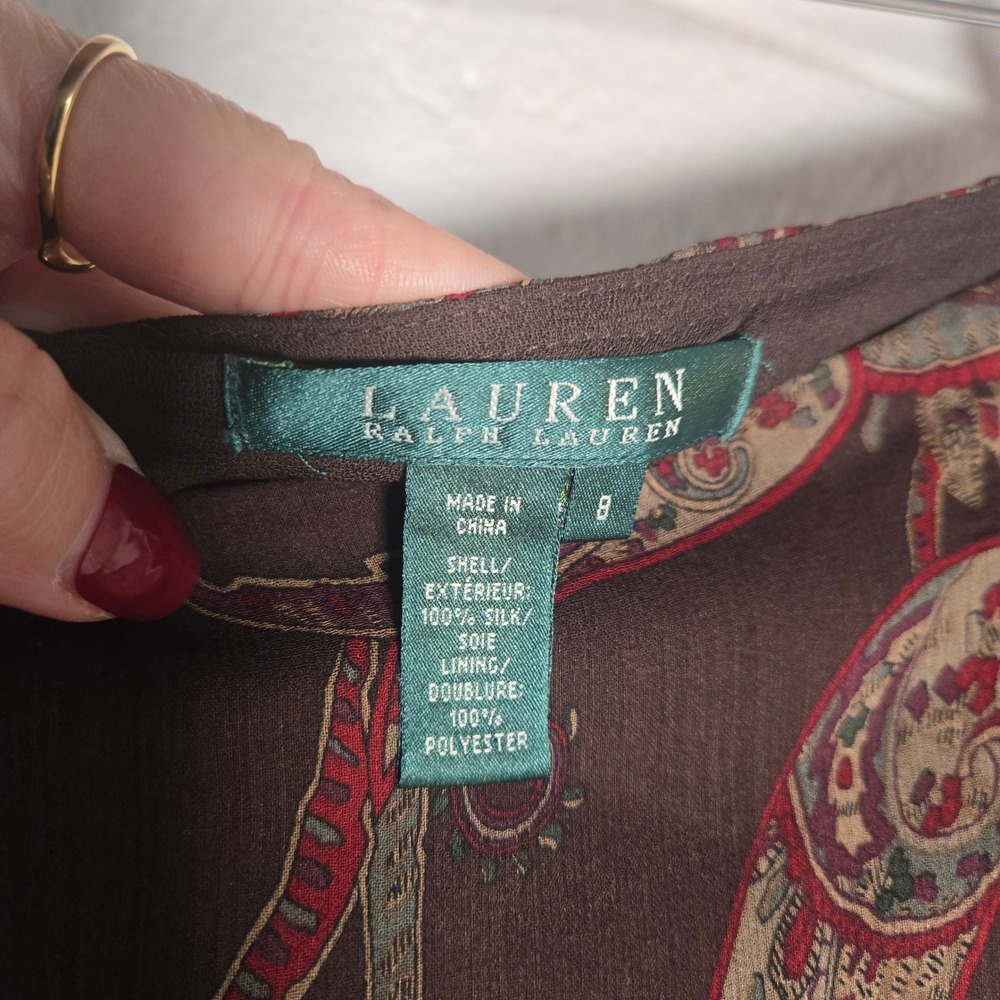 Vtg Lauren Ralph Lauren Paisley Silk Skirt 8 Brown Chiffon Midi Boho Romantic - Picture 3 of 8